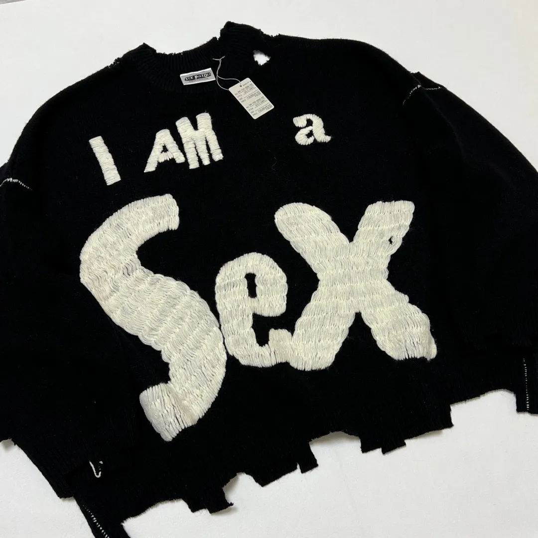 SAINT Mxxxxxx × Sex Pistols SP_CREW KNT/IAMA/BLK SEX PISTOLS band joint model destroyed hand-embroidered sweater, black S-XL, original 85% wool/15% polyester fiber blend, super complex front and rear panels, large-area hand-embroidery, hand-cut destruction treatment, custom-made correct joint main mark/wash mark